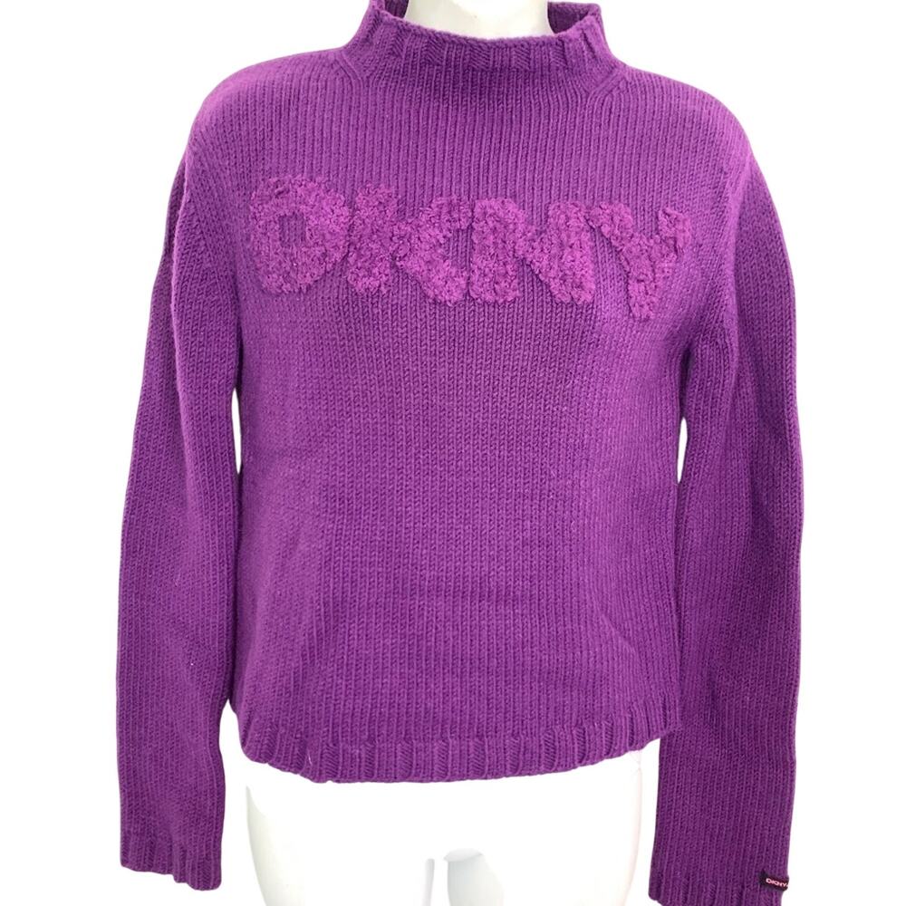 Donna Karen DKNY Purple Chunky Knit Mock Neck Sweater Logo Textured Raised XS